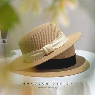 Summer Sun Protection Straw Hat for Women, Korean Style High-End Elegant Flat-Top Hat with Wide Brim for Shopping, Beach Vacation, and Sun Protection