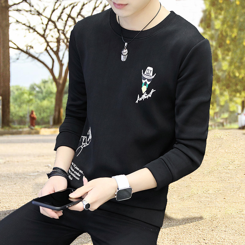 Long sleeves T-shirt men's clothing spring and autumn season Korean version blouses Bottoms Shirts-Men's T-shirts Men's headsets casual blouses with velvety undershirt men's clothing