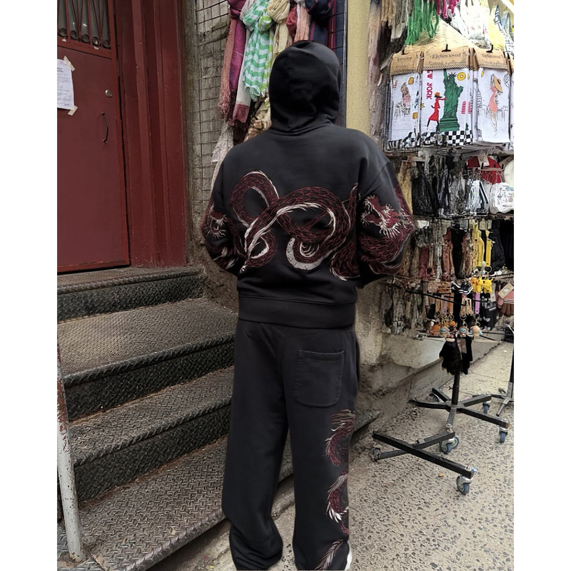Derschutze Heavy Embroidery Red Dragon Zipper Hoodie Men's Retro Loose Sports Sweatpants