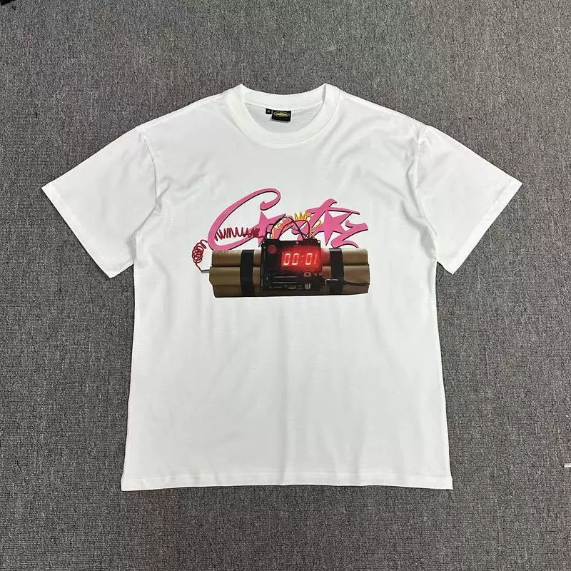 Corteiz pink, fried printed no time 4 luv short -sleeved male drill, beautiful style loose round neck T -shirt