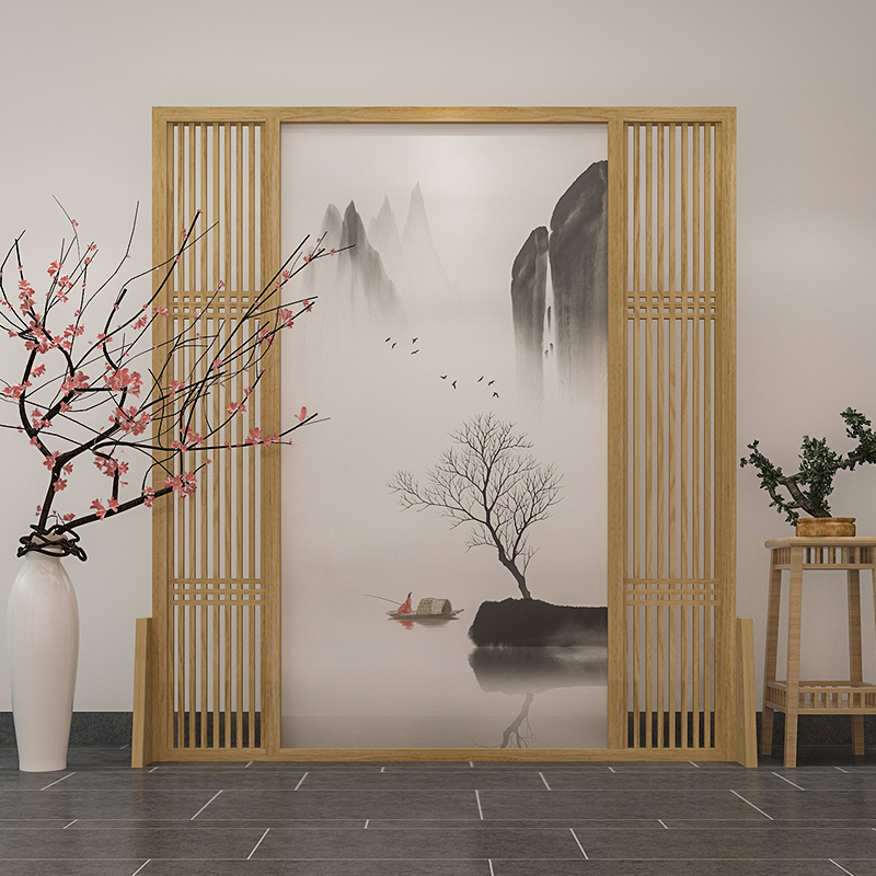 New Chinese Zen Solid Wood Screen Living Room hollow block block Mobile Decoration Divide Wall Metal Metal Wall Mountain Ink
