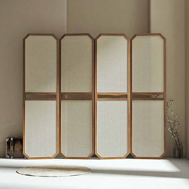 New Chinese style solid wood folding mobile folding screen simple modern rattan screen partition living room porch homestay office