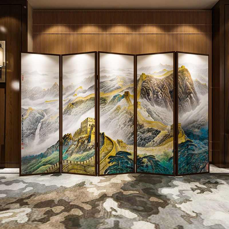 New Chinese-style Screen partition Living room Xuanguan Tea Room Hotel Office Corporate hotel Solid Wood Folding Screen Wrapping the Great Wall
