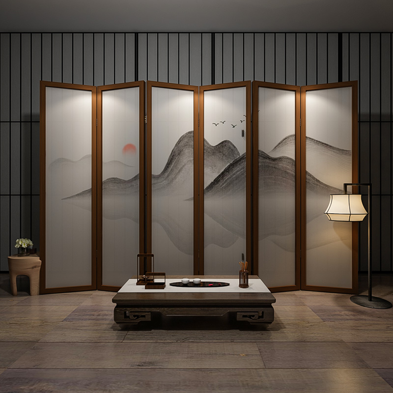 New Chinese Screen Partition Living Room Office Hotel Minima Modern Folding Mobile Genguan Solid Wood Folding Screen Mountain Water