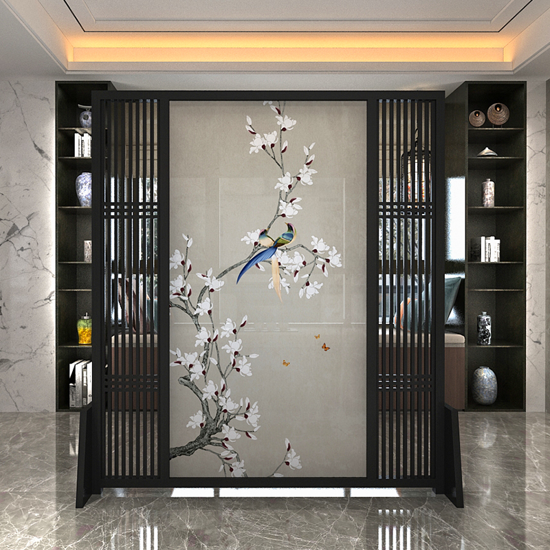 Simple new Chinese screen partition living room small house porch bedroom solid wood office yarn mobile flower bird seat screen