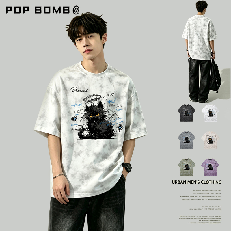 Popbomb American Tie-Dye Short-Sleeved T-Shirt Men's Round Neck Summer Fashion Brand High Street Retro Loose Men's Top Clothing Popbomb American Tie-Dye Short-Sleeved T-Shirt Men's Round Neck Summer Fashion Brand High Street Retro Loose Men's Top Clothing