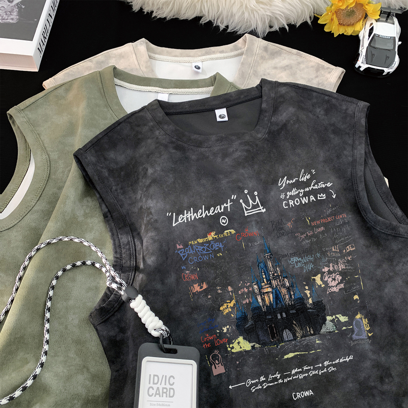 2026 Summer New Tie-Dye Faux Suede Men's Vest Heavyweight Wrinkle-Resistant Sleeveless T-Shirt ins Trendy Men's Top