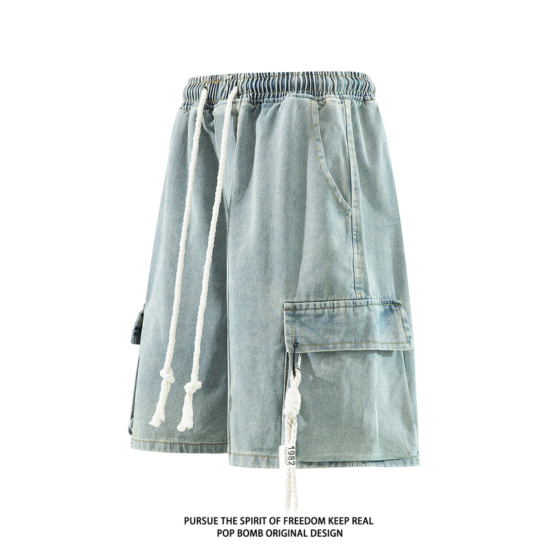 Pop Bomb Drawstring Denim Shorts for Men, Heavy Loose Fit, Multi-Pocket Vintage Workwear Five-Point Pants, Trendy Mid-Length Pants