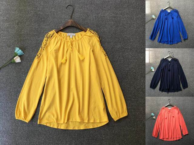 The original dan good goods super soft sweet tassel collar shoulder hollow hook flower loose cotton long-sleeved T-shirt women's t