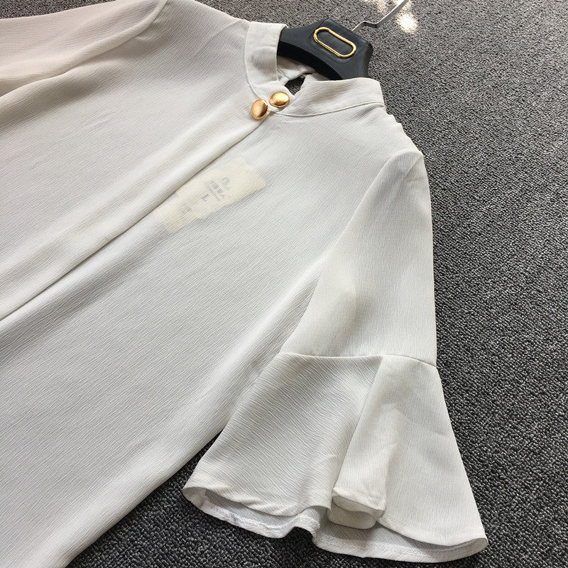 Spring Summer Korean version 100 hitch elegant lap up trumpeter 50% sleeves Folds Snow Spinning Easy for women shirt blouses