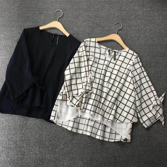 Day single spring and autumn sweet and beautiful V collar 70% opening butterfly knot sleeve loose dolt-shirt double-layered snow-spinning shirt pure color plaid