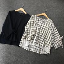 Day single spring and autumn sweet and beautiful V collar 70% opening butterfly knot sleeve loose dolt-shirt double-layered snow-spinning shirt pure color plaid