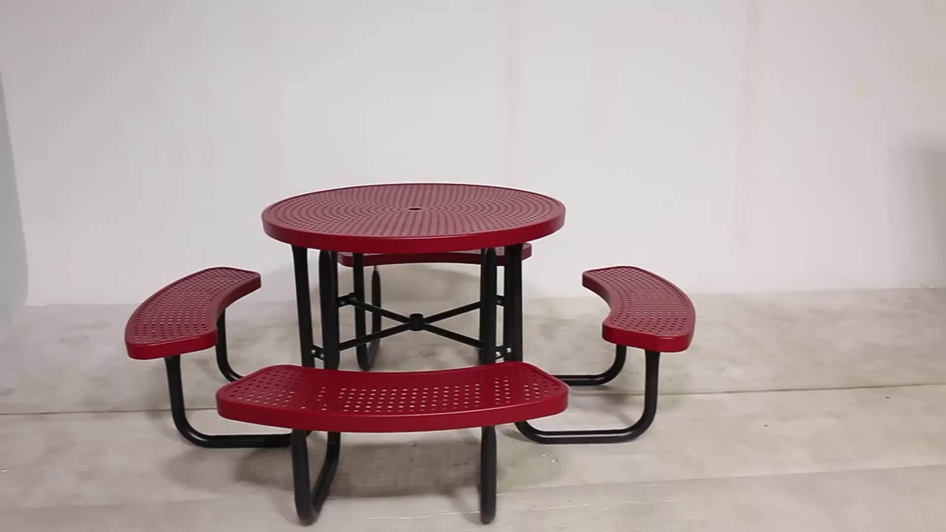 Perforated Metal Square Commercial Outdoor Picnic Table With Bench Outside Metal Dining Coffee