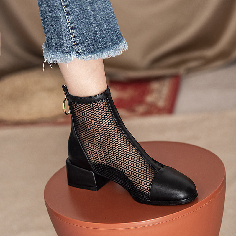 Short Boots Female Summer Breathable Mesh Yarn Hollowed-out Martin Boots Coarse Heel Summer Thin Boots Big Size Shoes Big Size Shoes