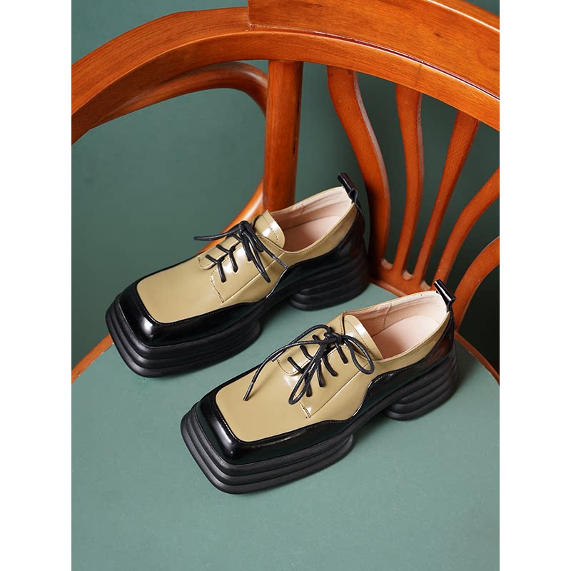 Pine cake Lefu shoes 2022 new thick sole with British small leather shoes pixel head coarse heels college wind