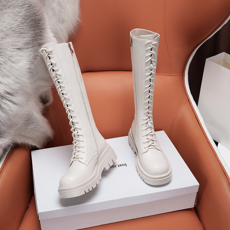 Full genuine leather white long boot woman 2022 new high cylinder riding boot thick bottom plus suede mid-cylinder snowy boot size code