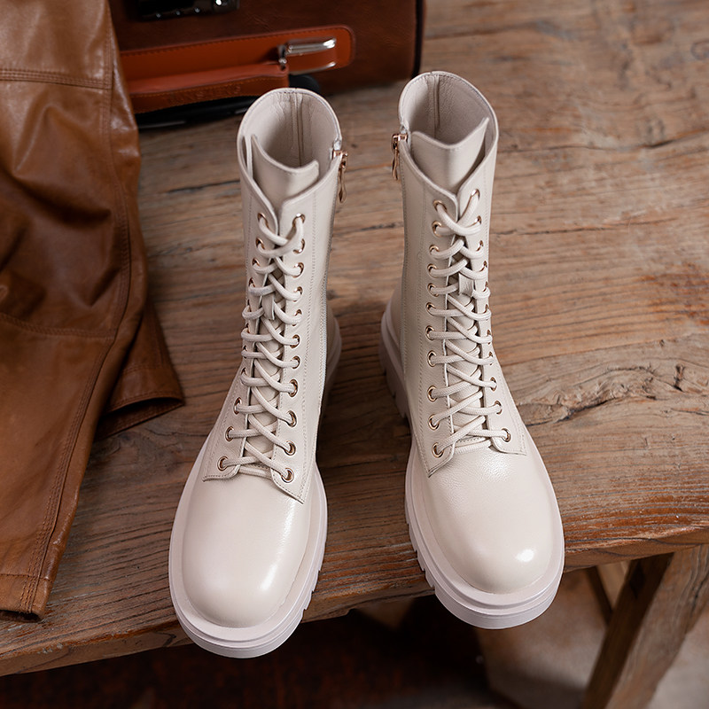 Full - leather white boots female Martin boots 2022 new autumn and winter plus thick - solid small boots
