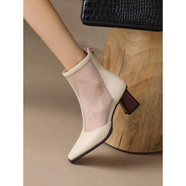 Short tube mesh shoes 2022 summer new womens boots horse oil cowhide back zipper thick heel Roman sandals mid-heel mesh boots