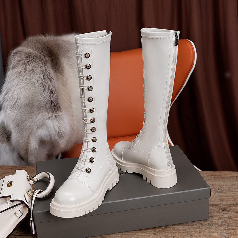 2022 New white boots thick sole boots net red knight boots thin boots plus velvet small boots