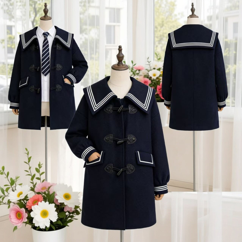 Autumn and Winter New Style College-Style Navy Collar Horn-Button Woolen Coat for Women, Mid-Length Navy Blue Coat, Jk Uniform