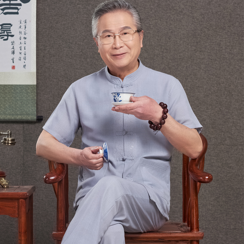 Middle-aged and elderly Tang suit men's summer short-sleeved suit grandpa Chinese style loose clothes Chinese style 6070-year-old dad outfit