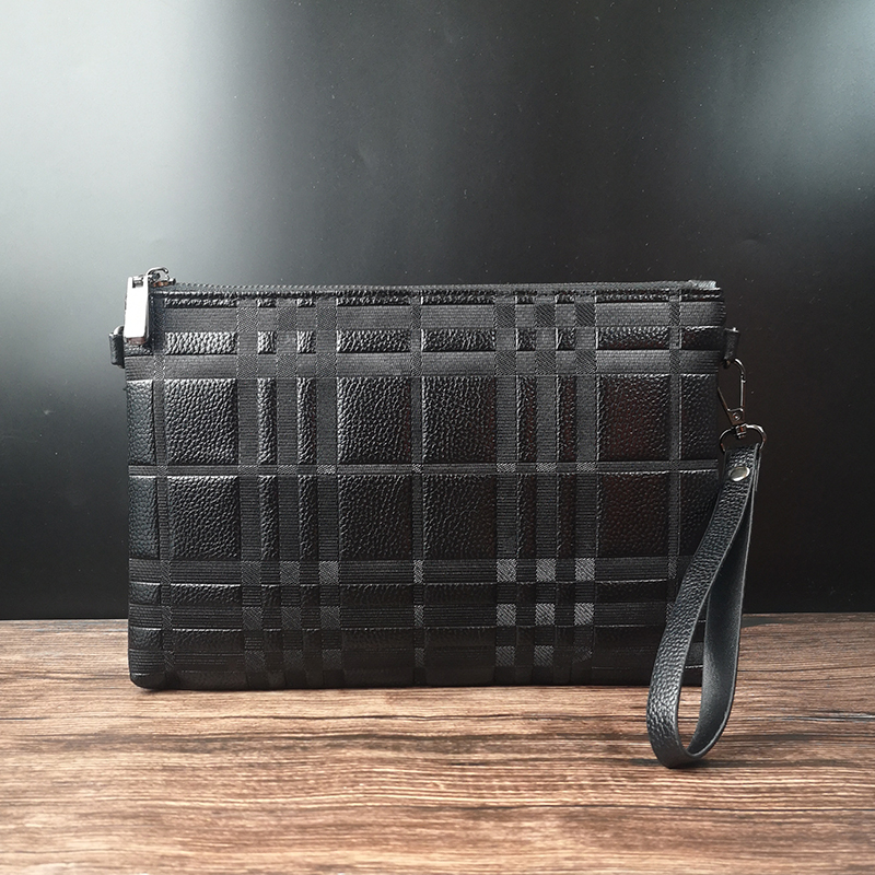 War Horse Clutch Super Cool Personality Clip Bag Soft Leather Real Wallet Black Grab Bag Large Capacity Casual Striped Handbag Men