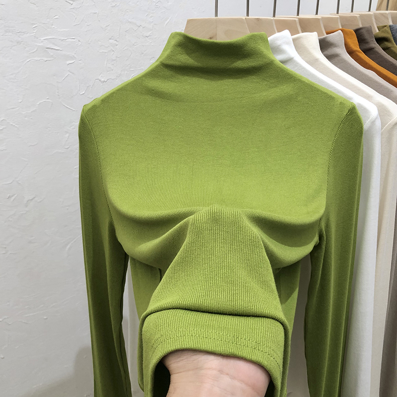 Threaded Turtleneck Base Shirt for Women, 2026 Spring and Autumn New Avocado Green Long-Sleeve T-Shirt Top with a High-End Feel