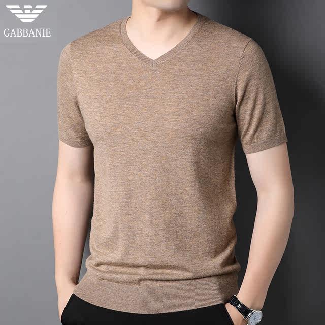 100% wool knitted short-sleeved men's trendy slim V-neck slim half-sleeved sweater men's winter inner layering shirt