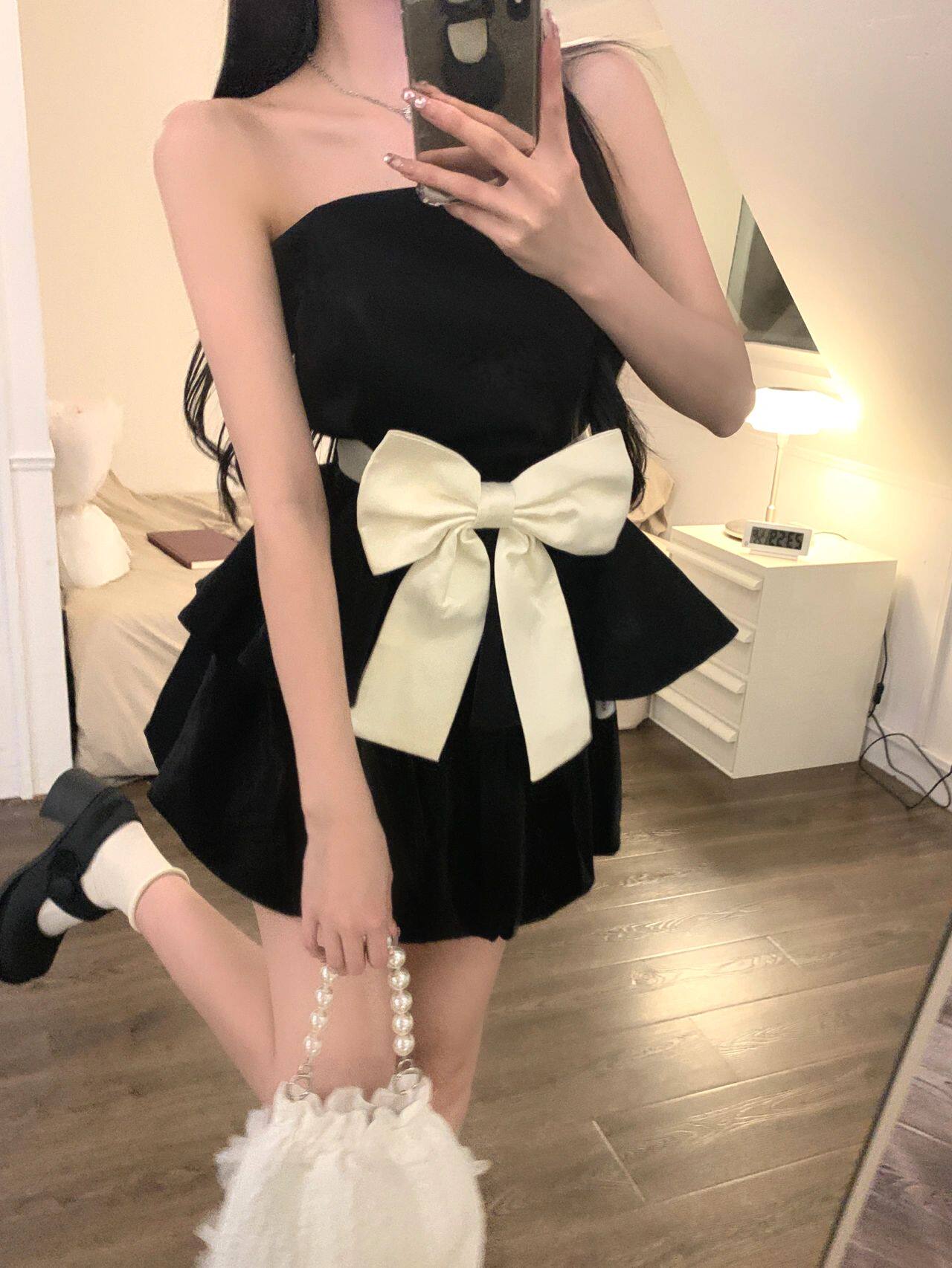 Light Milk Brownie ~ Spicy girl Butterfly knot Breast Short blouse Sweet Spicy Pure Desire Cake Princess Dress Two-piece Style Suit