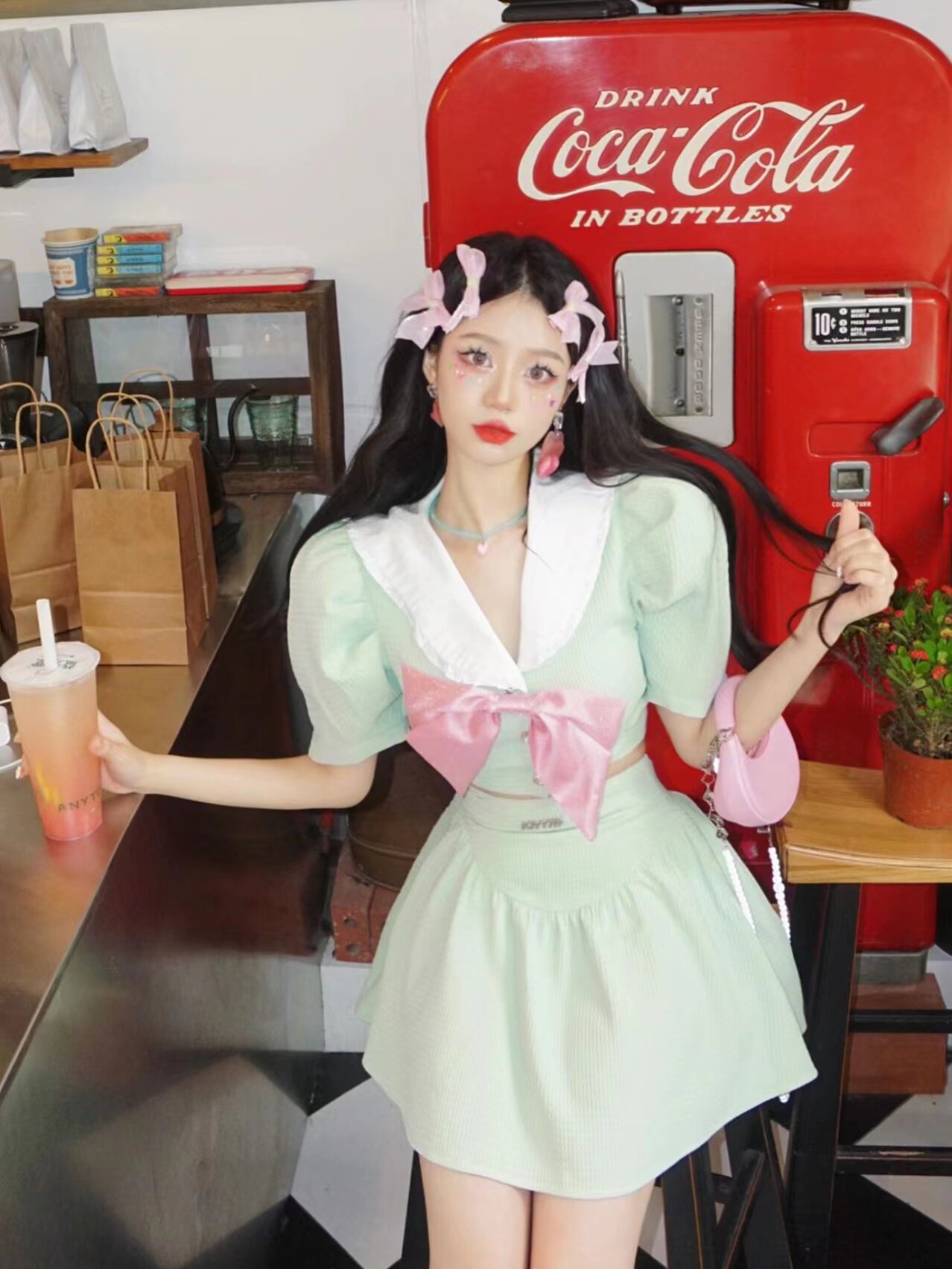 Sweet Hot Girl Navy Collar Bubble Sleeves Butterfly Knot Blouse Salt Department Wear Hitch College Half Body Skirt Summer Small Fragrant Wind Suit