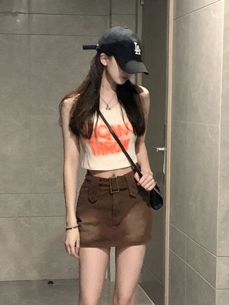 American Renaissance Render Print Dew-naveled Short Sleeves T-shirt Summer Sexy Hanging Vest Woman with T-shirt