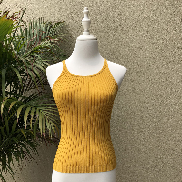 Summer Sleeveless Ribbed Short Knit Vest Slimming Halter Neck Round Neck Fitted Base Layer Camisole Top for Women