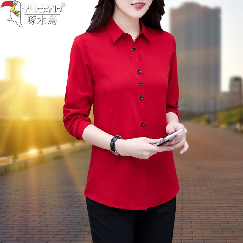 Woodpecker High-End Casual Long-Sleeved Women's Shirt 2026 Spring and Autumn New Style Mother's Fashion Mid-Length Red Top