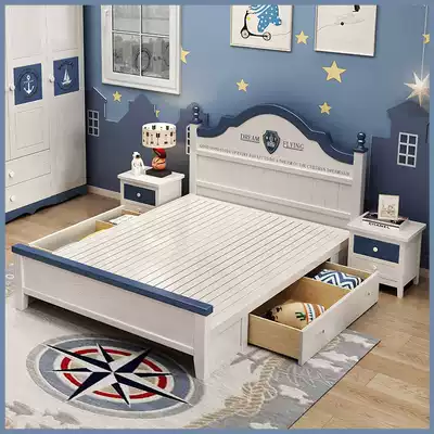 Youth full solid wood bed Children Boy 1 5 meters 1 2 meters 1 8 meters boy bed blue storage single bed