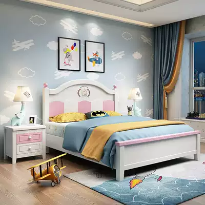 Children's bed girl princess bed pink all solid wood single bed girl children's bed American girl bed Blue