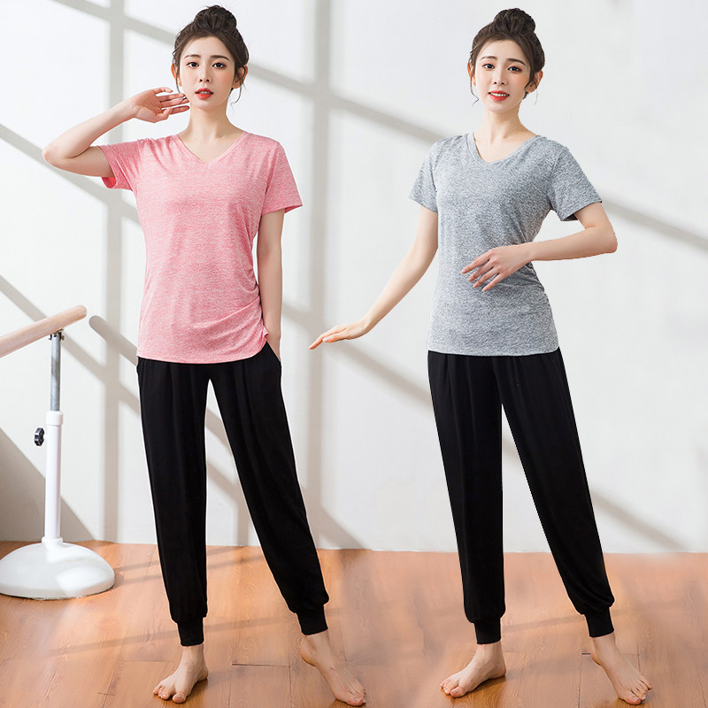 Yoga Suit Woman Spring Summer Loose Light Cage Pants Speed Dry Sports Fitness Short Sleeve Suit Gym Gym Running Jump
