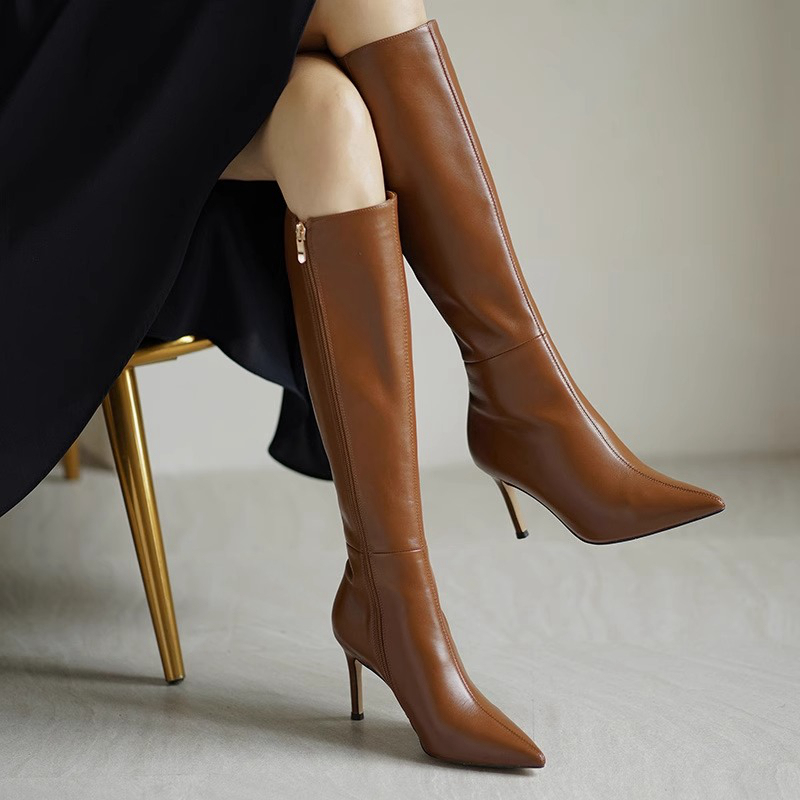 Dark Brown Pointed Toe Long Boots for Women, High Heels, British Style, Stiletto Heels, Autumn European and American Style, Brown Long Boots, Full Leather Riding Boots Dark Brown Pointed Toe Long Boots for Women, High Heels, British Style, Stiletto Heels, Autumn European and American Style, Brown Long Boots, Full Leather Riding Boots