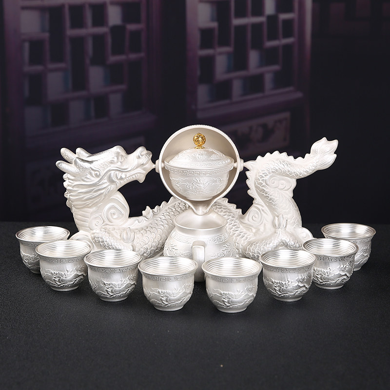 Gilded silver tea set 999 sterling silver set home automatic tea set lazy tea maker Jingdezhen high-end ceramic set