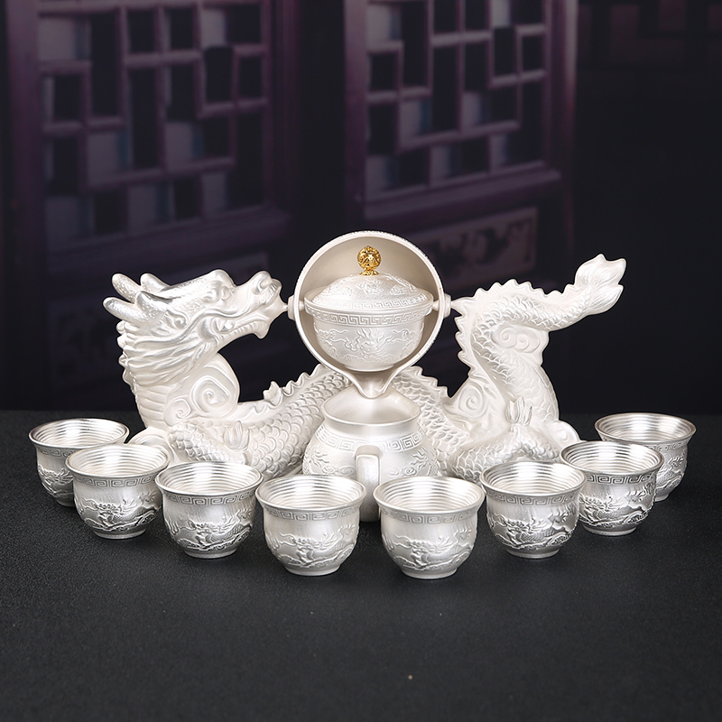Silver-Plated Tea Set 999 Pure Silver Set for Home Use, Automatic Tea Maker, Lazy Tea Brewing Device, Jingdezhen High-End Ceramic Complete Set