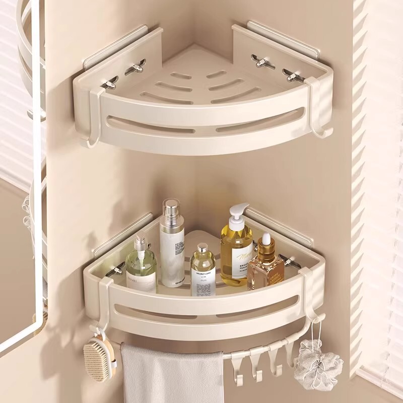 Japanese Bathroom Storage Rack, No-Drill Triangular Mesh Basket for Shower Room, White Corner Blue Bathroom Shelf