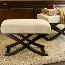American country solid wood footstool neoclassical fabric low stool French retro old shoe stool bed end stool can be customized
