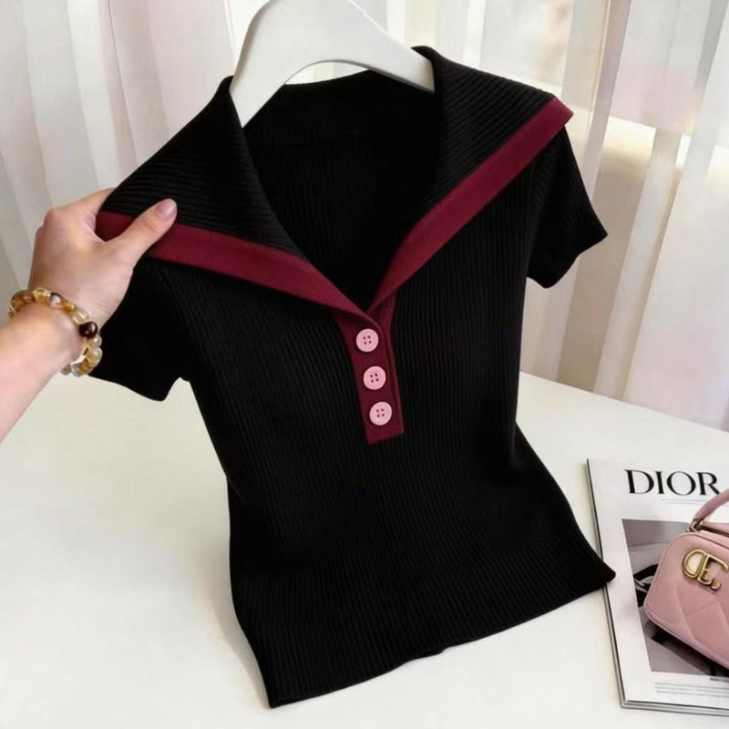 Authentic Gejia New 2026 Summer High-End Navy Collar Color-Block Knit Short-Sleeve T-Shirt, Light Luxury Slimming Top Authentic Gejia New 2026 Summer High-End Navy Collar Color-Block Knit Short-Sleeve T-Shirt, Light Luxury Slimming Top