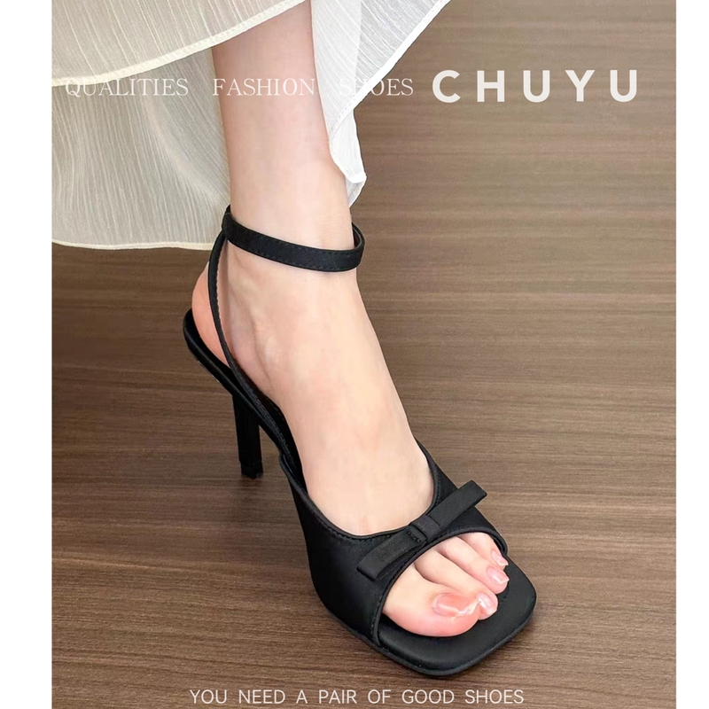 Beautiful One-Line French Black High-Heeled Shoes 2025 Summer New Style Silks and Satins Bow High-End Versatile Sandals