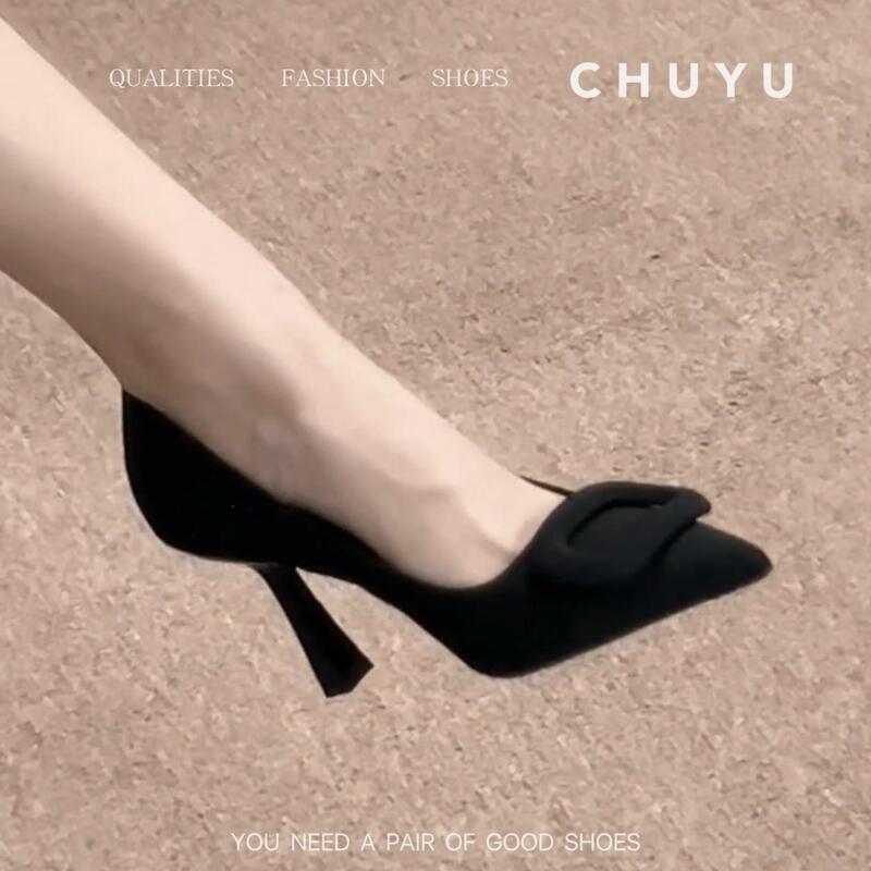 French-Style Pointed-Toe Black Square Buckle High Heels for Women, Stiletto Heels, 2025 New Model, Professional Shallow Mouth Ol Style Single Shoes, Versatile and Elegant French-Style Pointed-Toe Black Square Buckle High Heels for Women, Stiletto Heels, 2025 New Model, Professional Shallow Mouth Ol Style Single Shoes, Versatile and Elegant