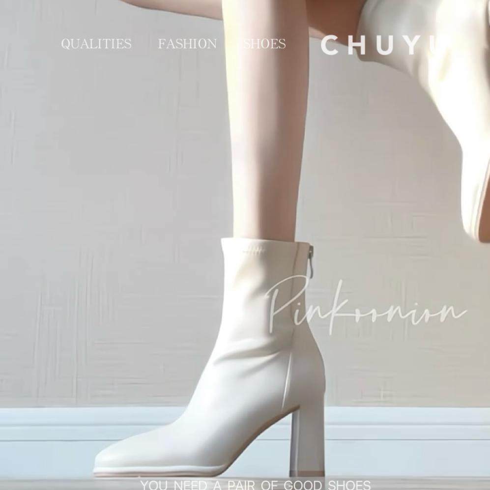 Off-White Short Boots for Women, New Autumn and Winter Boots with Plush Lining, Chunky Heel, High Heel Boots, Korean Drama Heroine Style, Slim Boots, Square Toe
