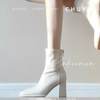 Off-White Short Boots for Women, New Autumn and Winter Boots with Plush Lining, Chunky Heel, High Heel Boots, Korean Drama Heroine Style, Slim Boots, Square Toe