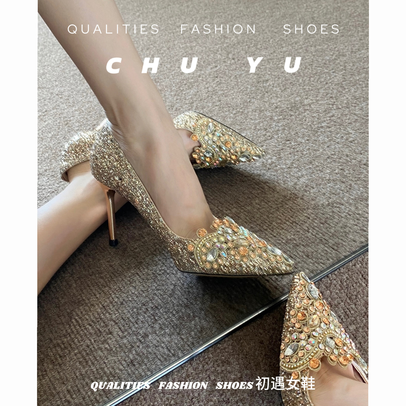 Xi Yan Pointed-Toe Stiletto High Heels for Women 2025 New Crystal Sequin Wedding Shoes with Xiuhe Main Dress Rhinestone Single Shoes