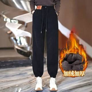 加绒加厚哈伦卫裤子女士秋冬季大码胖mm束脚宽松高腰运动休闲长裤