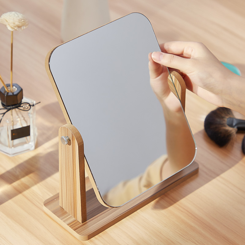 Desktop makeup mirror wooden student dormitory men's special home large table top can be set up rotating dressing small portable