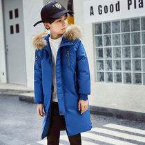 Boys and children long down jacket thickened orange green blue black coat big child hair collar hooded cotton jacket winter